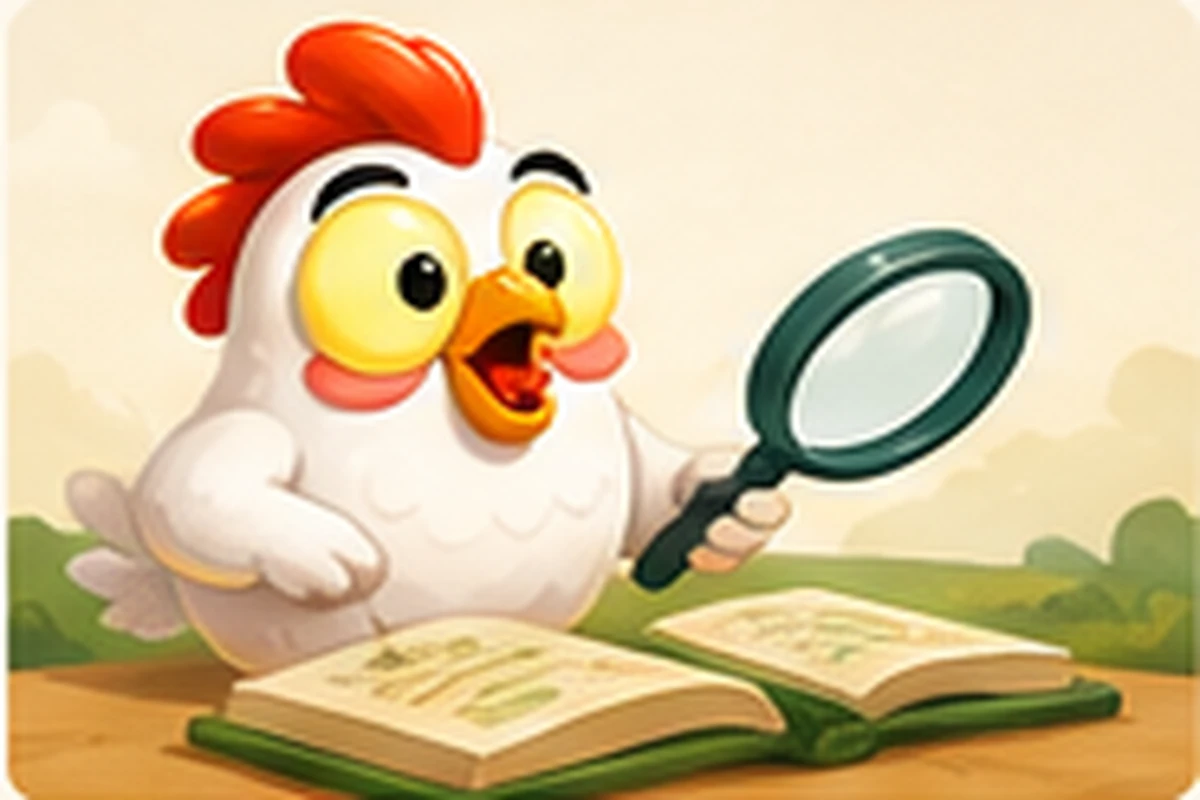 Illustration of a cartoon chicken examining an open book with a magnifying glass