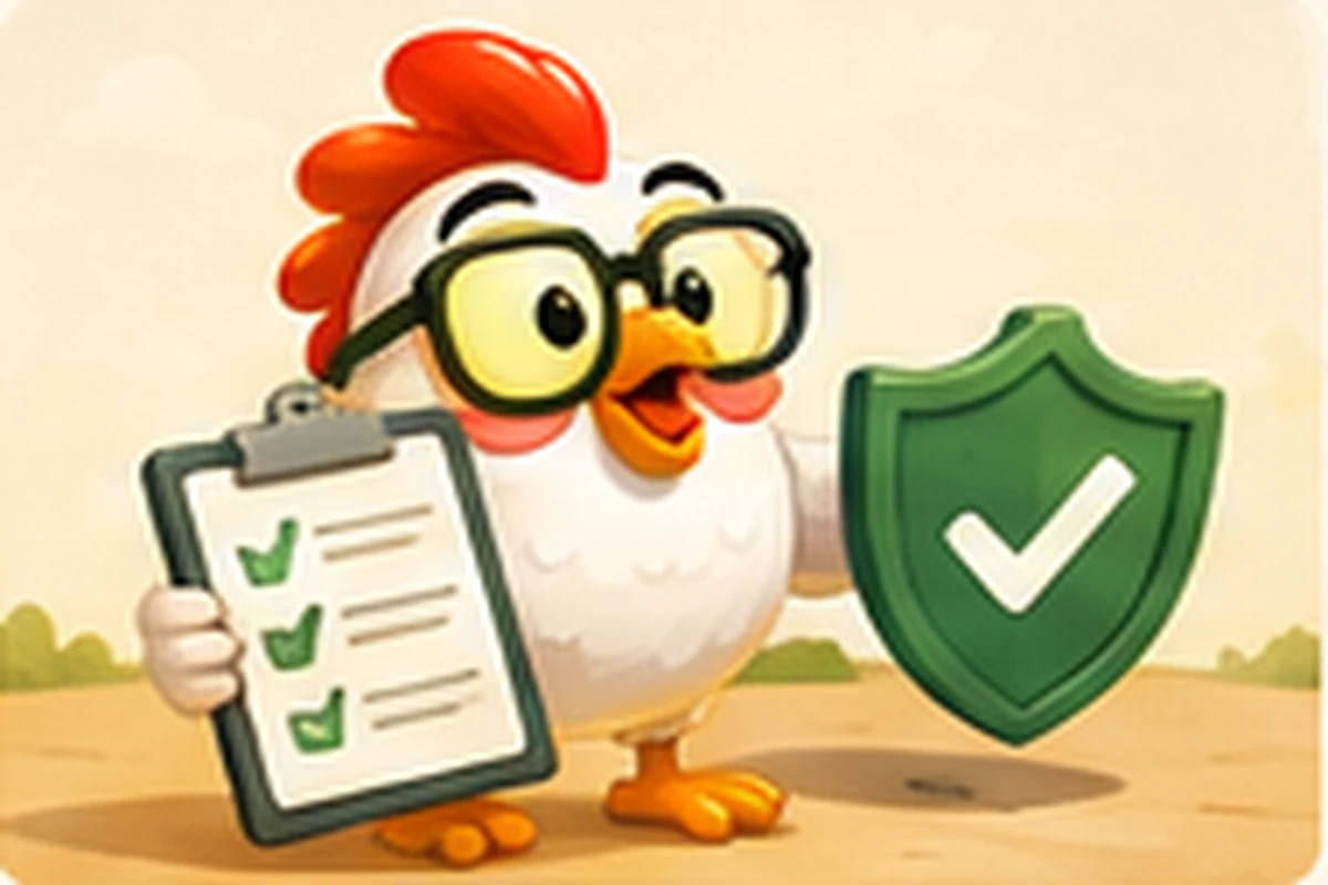 Illustration of a cartoon chicken in glasses holding a checklist beside a green verified checkmark shield