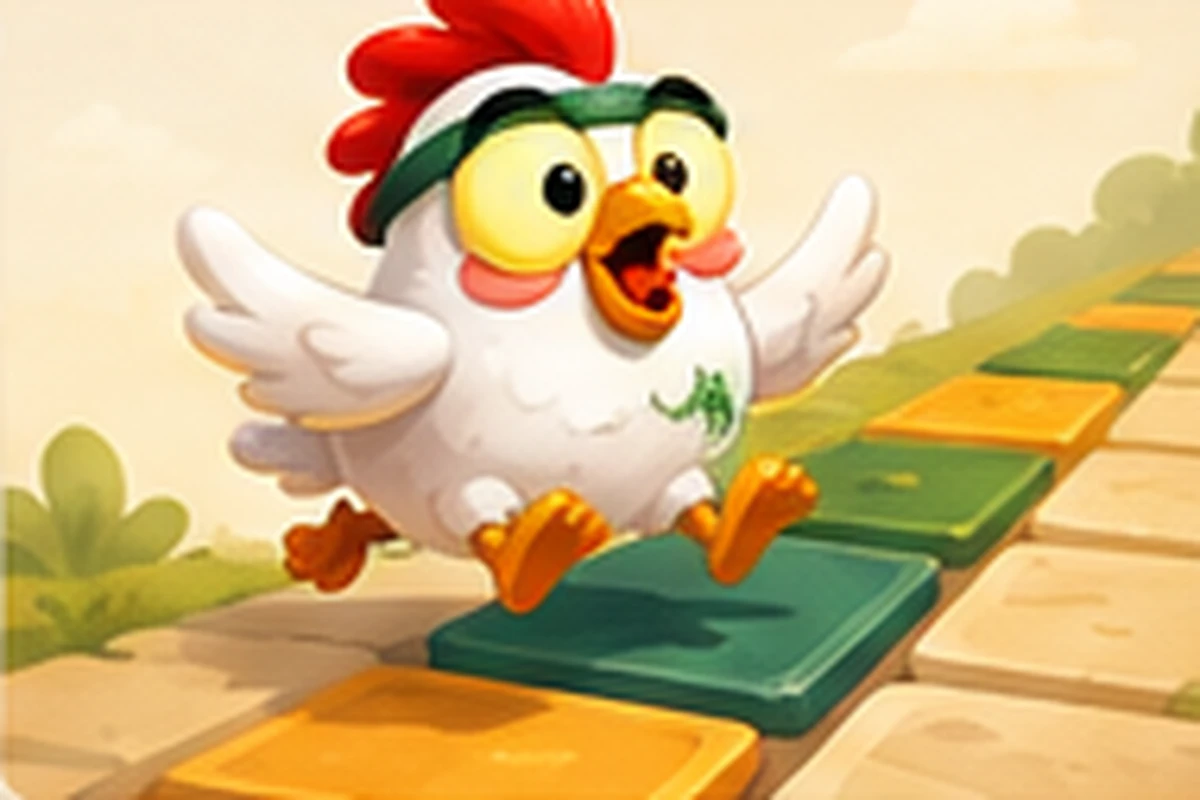 Illustration of a cartoon chicken leaping across a row of differently coloured lane tiles