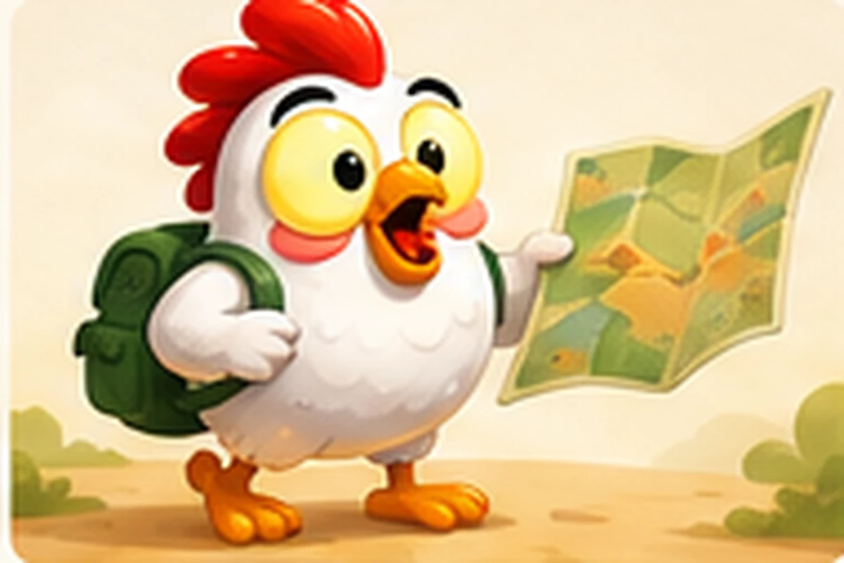 Illustration of a cartoon chicken wearing a backpack and holding open a map