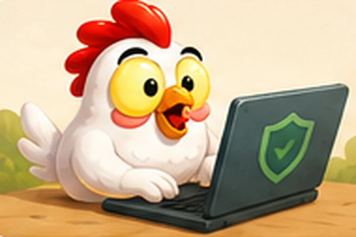 Illustration of a cartoon chicken typing on a laptop showing a green verified shield on the screen