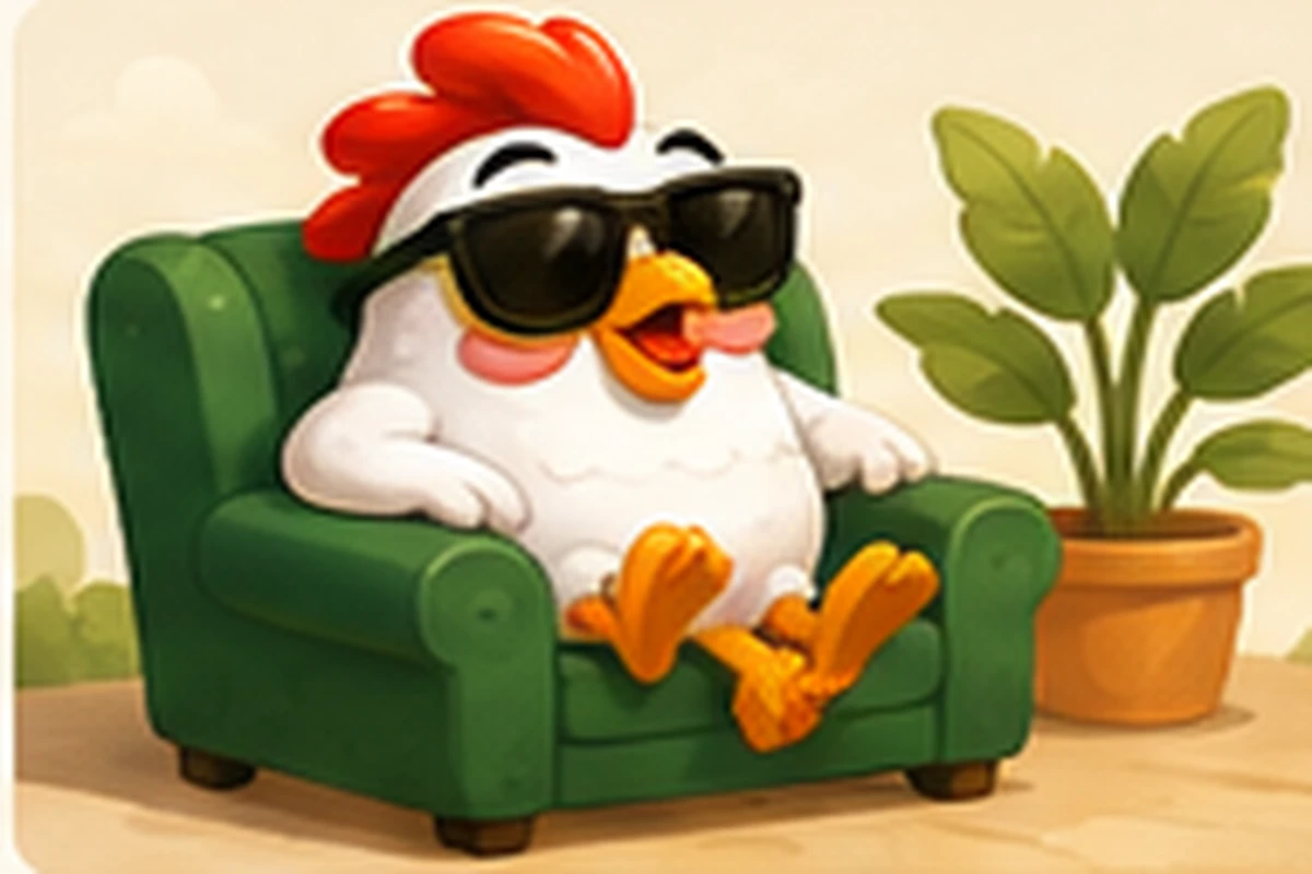 Illustration of a cartoon chicken relaxing in an armchair wearing sunglasses