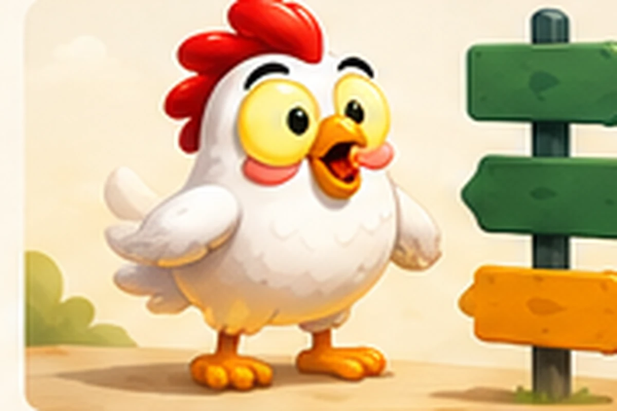 Illustration of a cartoon chicken standing beside a wooden signpost with several arrows